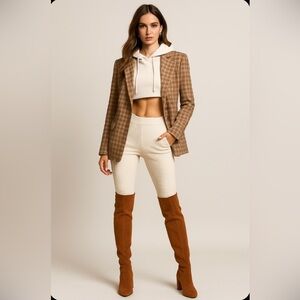 Anthropology tan plaid jacket with removable hood.